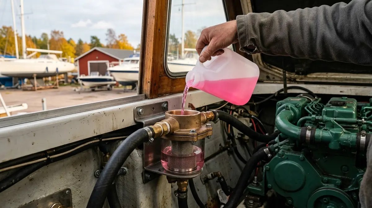 Käsi kaataa vaaleanpunaista marine-glykolia veneen merivesisuodattimen lasikuppiin lokakuisella telakalla.