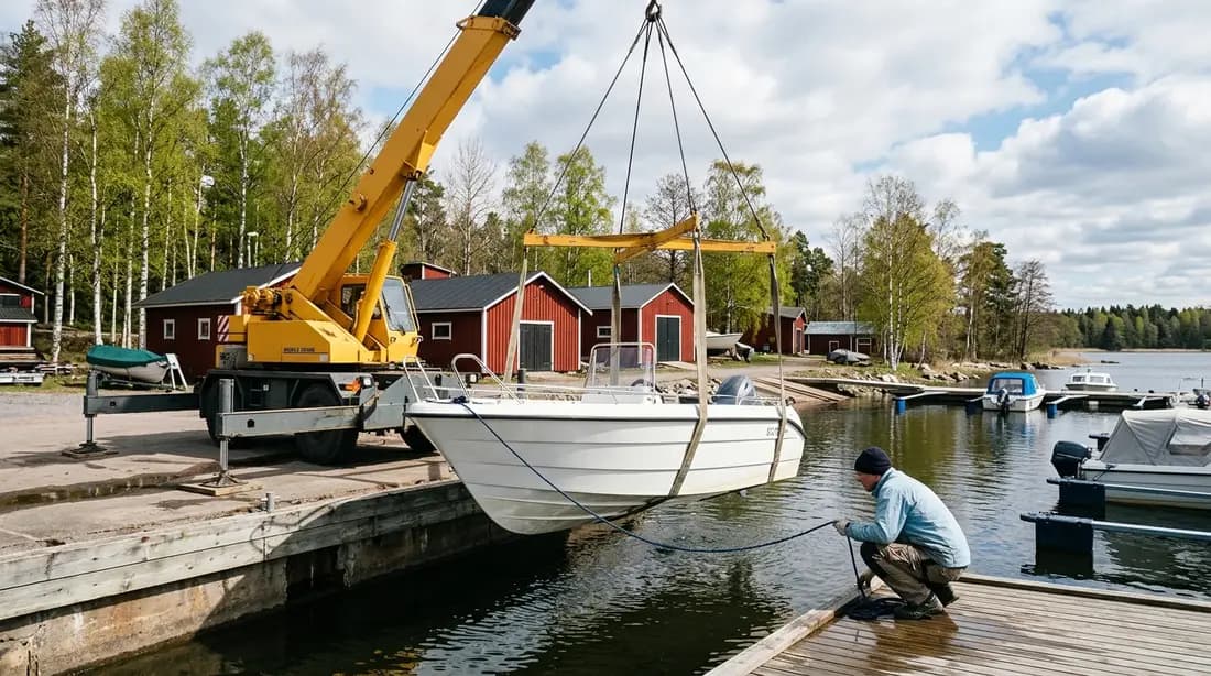Valkoinen moottorivene lasketaan keltaisella mobiilinosturilla vesille pienessä suomalaisessa venesatamassa toukokuun alussa.