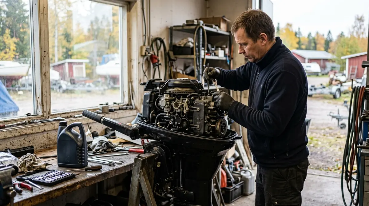 Venehuoltaja työskentelee perämoottorin parissa kuomu avattuna, työpöydällä öljypullo ja työkaluja, syksyinen valo ikkunasta.