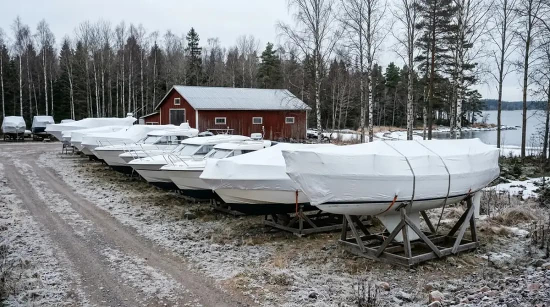 Veneitä talvitelineillä rivissä suomalaisella telakalla marraskuun pakkasaamuna.