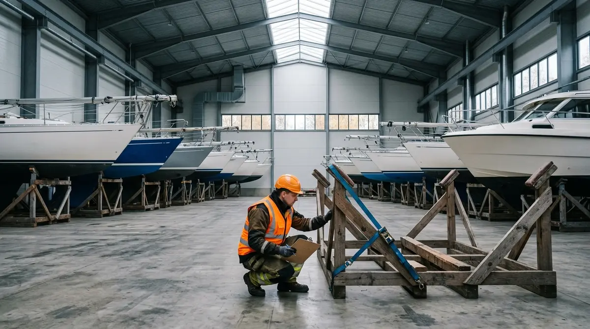 Veneitä puutelineillä kylmähallissa, etualalla henkilö huomioliivissä tarkastaa telineen tukea ja kiinnityshihnaa muistilehtiö kädessä.